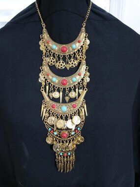 Gold Tone Statement Bib Necklace – Boho Gothic Coin & Charm Layered Piece